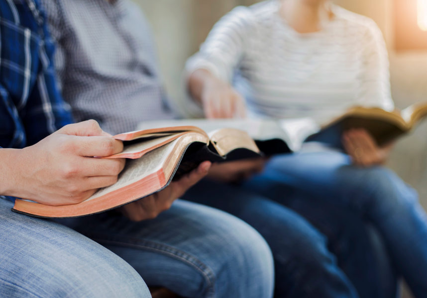 close up of christian group are reading and study bible together in Sunday school class room